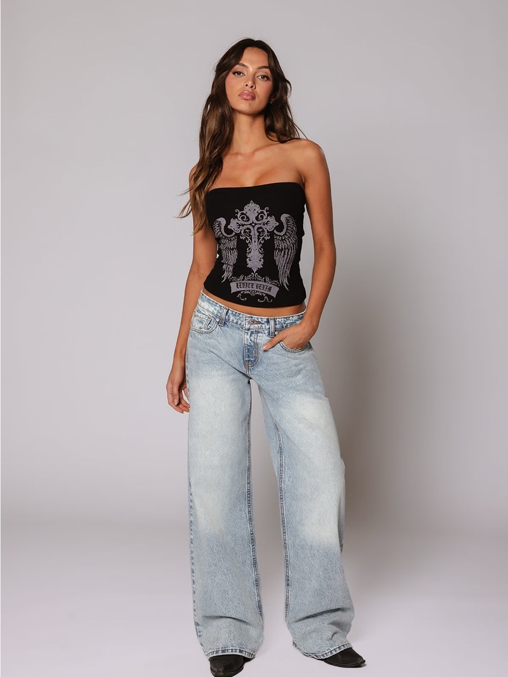 REVICE low rise wide leg Light Blue Denim Jeans with Orange Stitching - Picture 2 of 6